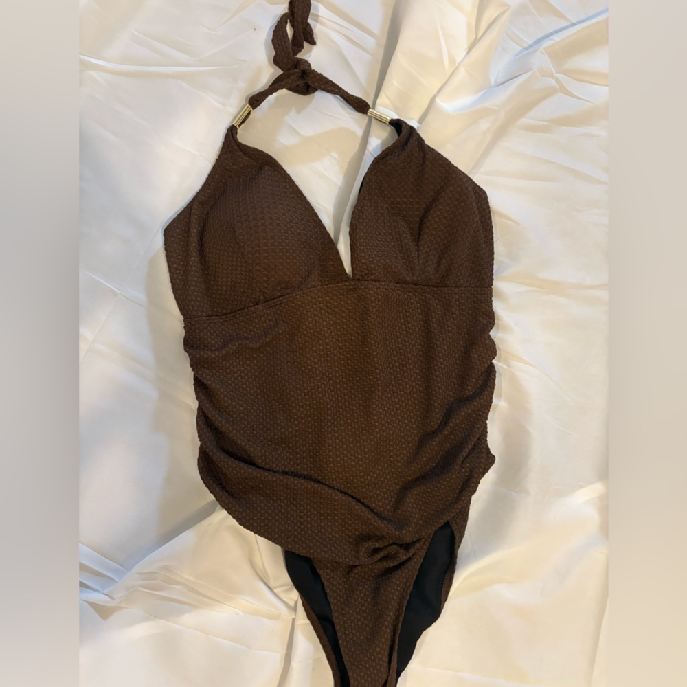 Brown Halter Swimsuit with Gold Accents